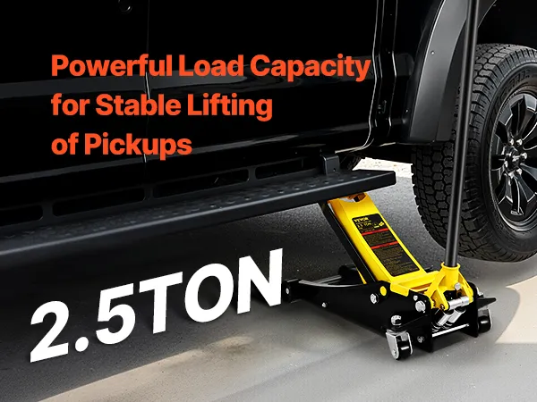 VEVOR floor jack showing high reach (19.5"/495mm) and low clearance (3"/75mm) for various vehicles.