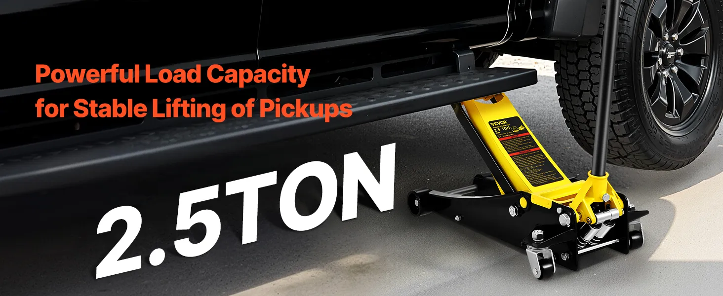 VEVOR floor jack showing high reach (19.5"/495mm) and low clearance (3"/75mm) for various vehicles.