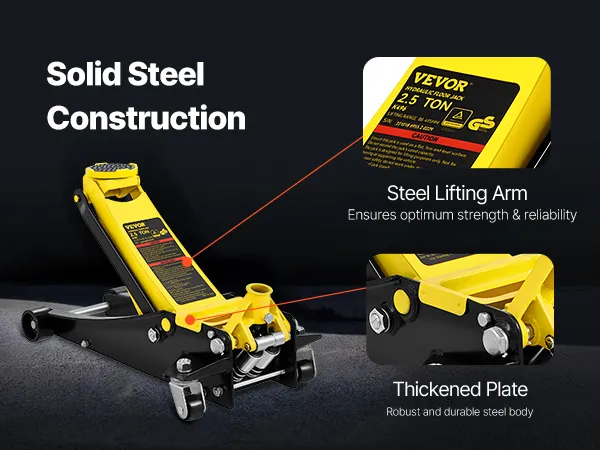 VEVOR floor jack with 2.5-ton capacity lifting a car, suitable for suv, light truck, and mini rv.