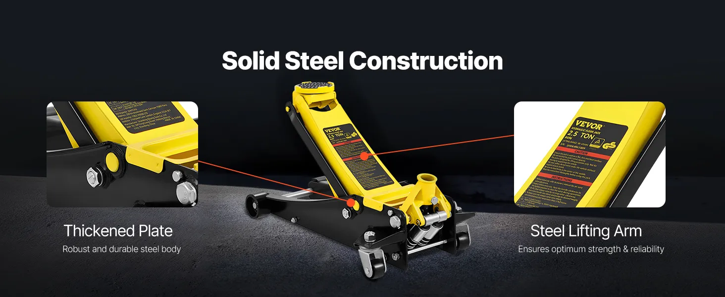 VEVOR floor jack with 2.5-ton capacity lifting a car, suitable for suv, light truck, and mini rv.