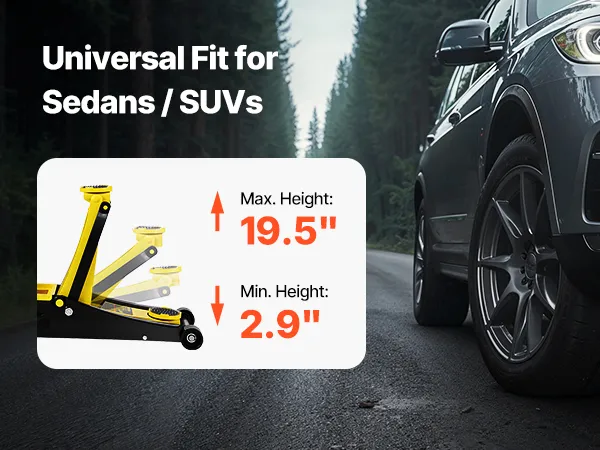 VEVOR floor jack lifting a car, showcasing its all-steel construction and 2.5-ton lifting capacity.