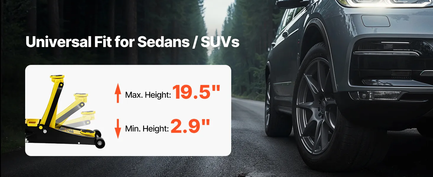 VEVOR floor jack lifting a car, showcasing its all-steel construction and 2.5-ton lifting capacity.