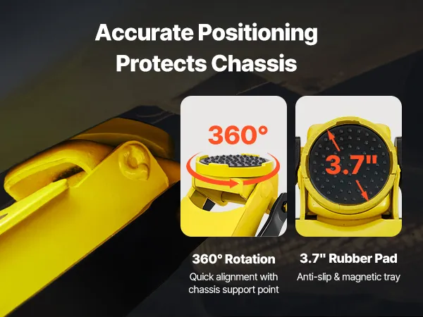 VEVOR floor jack positioned under a car's lifting point with instructions on the screen.