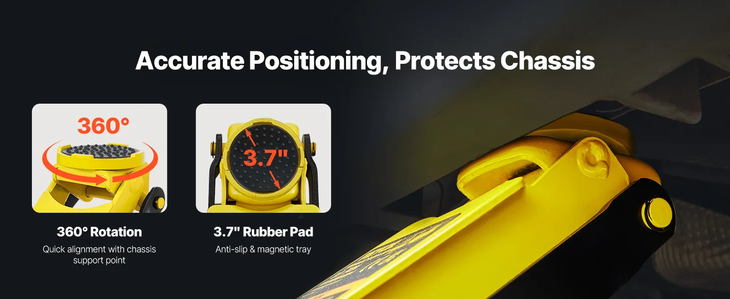 VEVOR floor jack positioned under a car's lifting point with instructions on the screen.