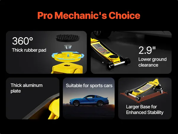 VEVOR floor jack lifting a car while a person prepares to change the tire.