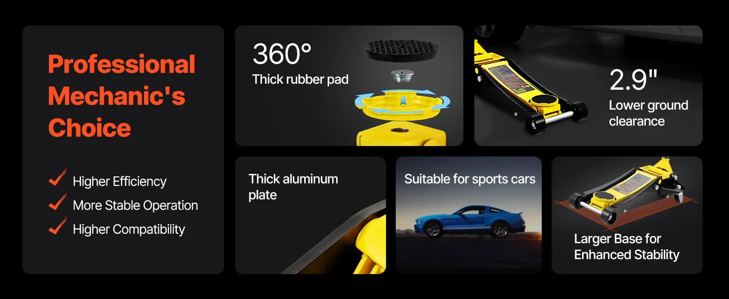 VEVOR floor jack lifting a car while a person prepares to change the tire.