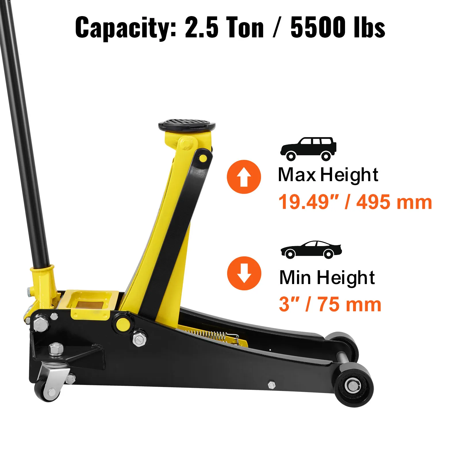 VEVOR floor jack with 2.5 ton capacity, max height 19.49" and min height 3".