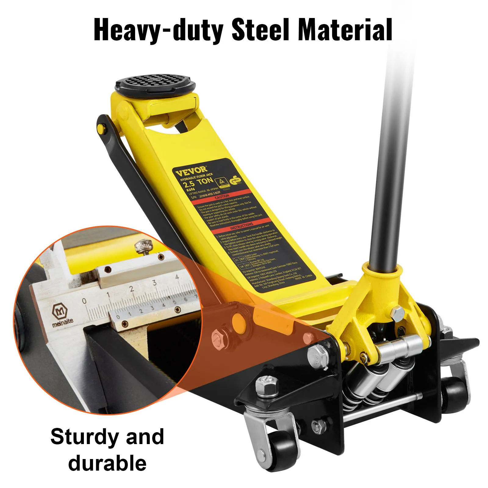 heavy-duty VEVOR floor jack with steel material, highlighting sturdiness and durability.
