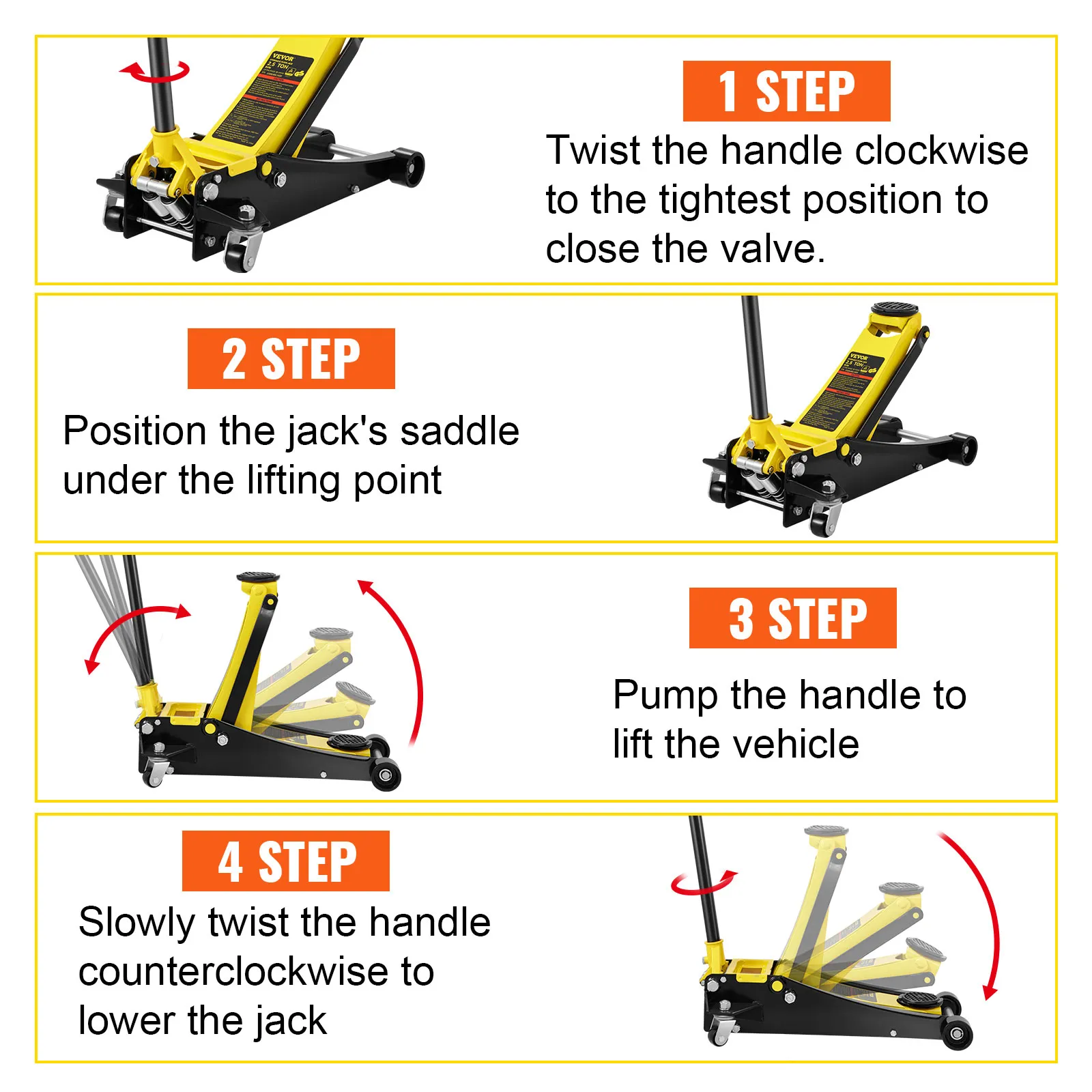 VEVOR floor jack instructions: twist handle, position saddle, pump handle, twist to lower.