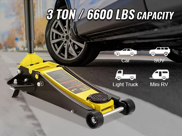 Cric da pavimento VEVOR con capacità di 3 tonnellate per sollevare auto, SUV, autocarri leggeri e mini camper.