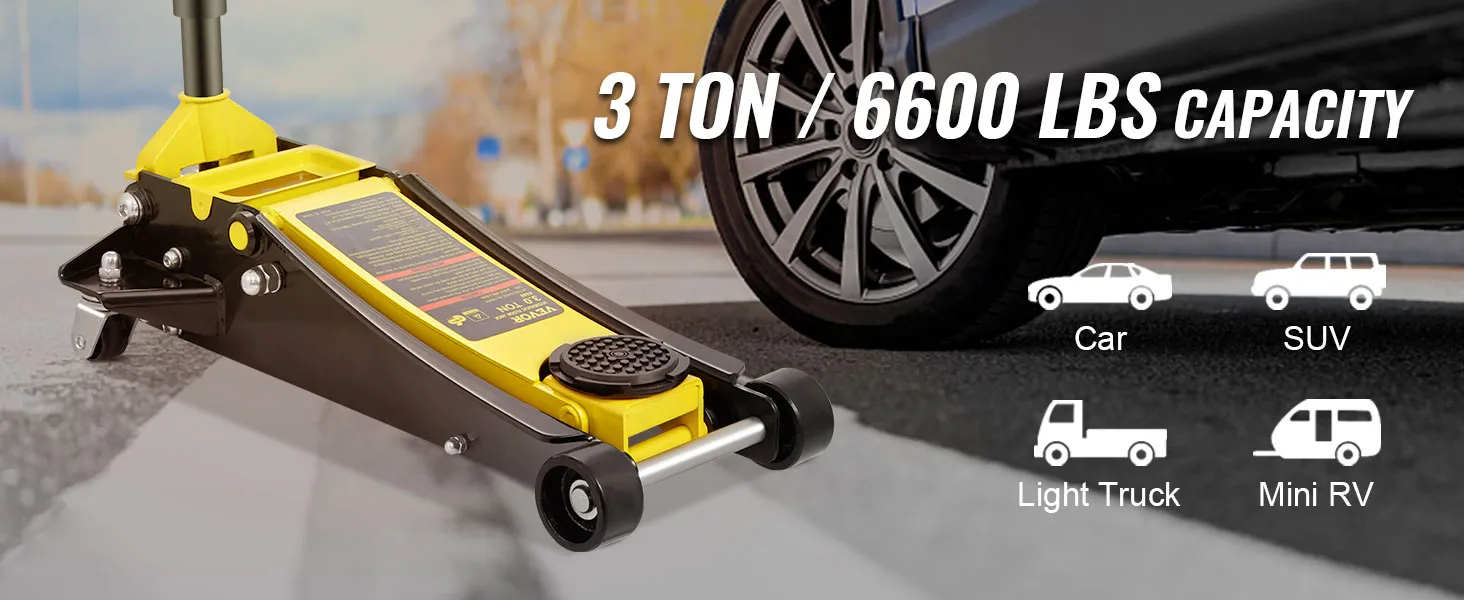 Cric da pavimento VEVOR con capacità di 3 tonnellate per sollevare auto, SUV, autocarri leggeri e mini camper.