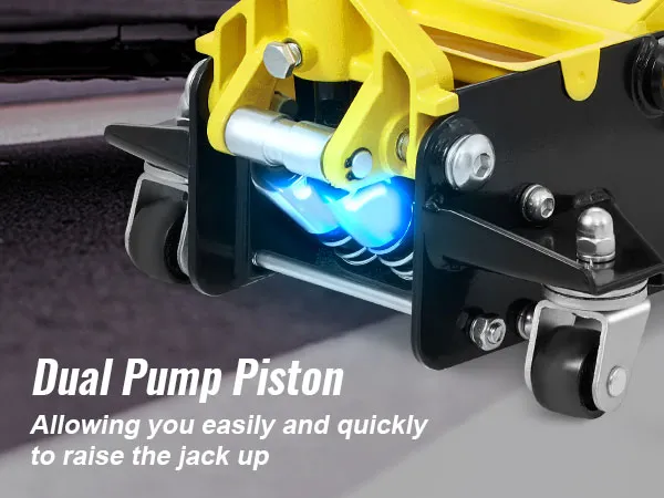 Cric da pavimento VEVOR con doppio pistone a pompa, che consente un sollevamento rapido e semplice vicino allo pneumatico dell'auto.