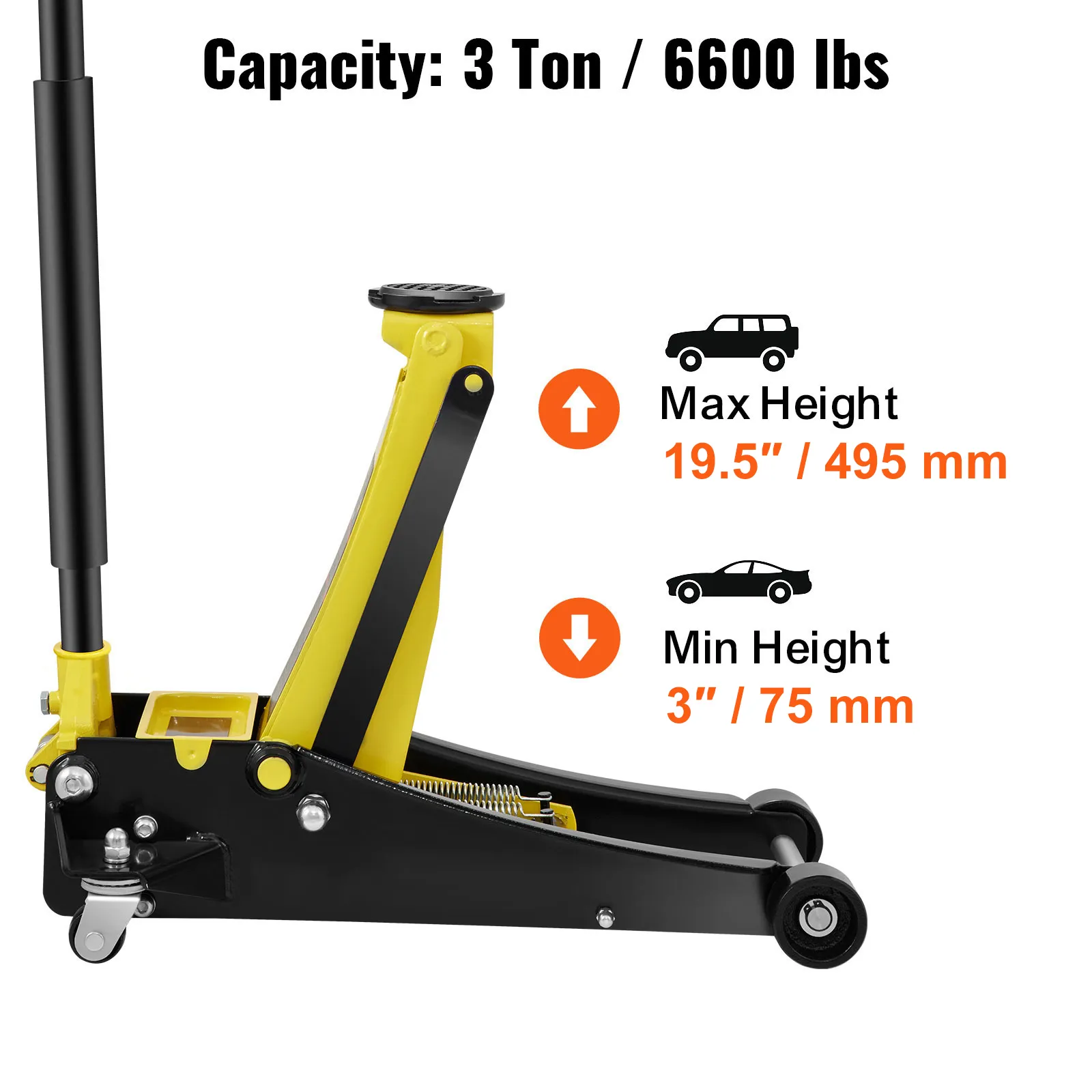 Cric da pavimento VEVOR con capacità di 3 tonnellate, altezza massima 19,5"/495 mm, altezza minima 3"/75 mm.