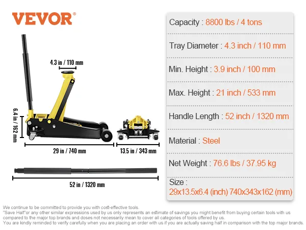 VEVOR floor jack specifications: 4-ton capacity, 3.9-21 inch lift range, 52-inch handle length, steel material.