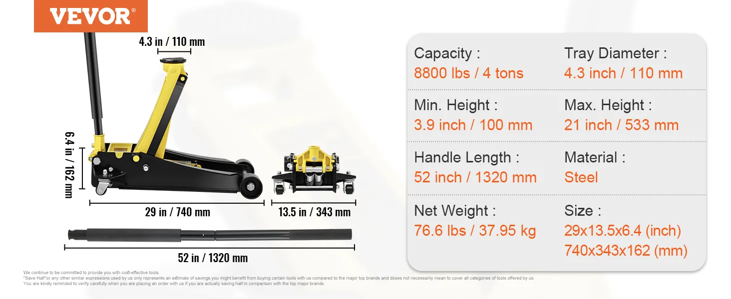 VEVOR floor jack specifications: 4-ton capacity, 3.9-21 inch lift range, 52-inch handle length, steel material.