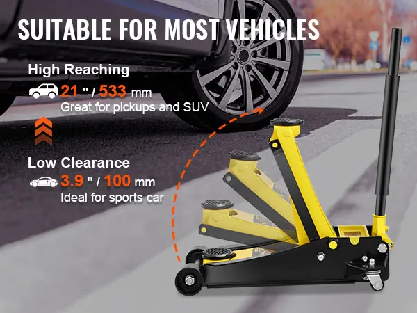 VEVOR floor jack for pickups, suvs with 21" high reach, and 3.9" low clearance for sports cars.