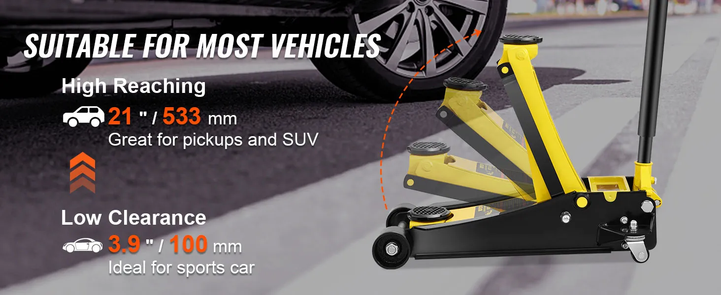 VEVOR floor jack for pickups, suvs with 21" high reach, and 3.9" low clearance for sports cars.