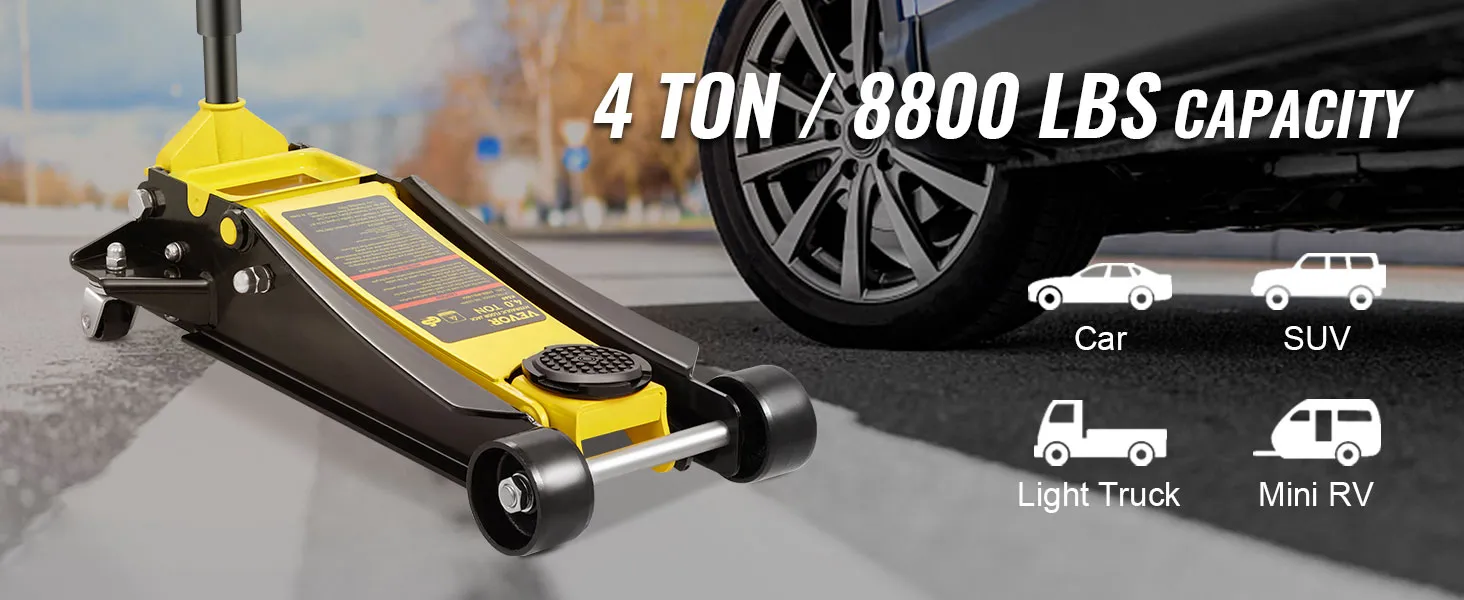 VEVOR floor jack 4 ton capacity near car, compatible with suv, light truck, mini rv.