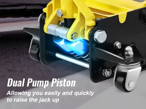VEVOR floor jack featuring dual pump piston for easy and quick lift under a car.