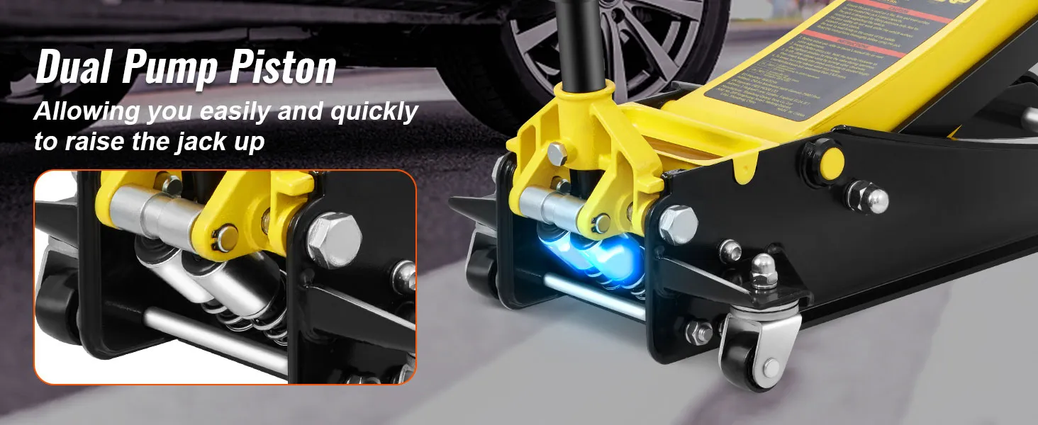 VEVOR floor jack featuring dual pump piston for easy and quick lift under a car.