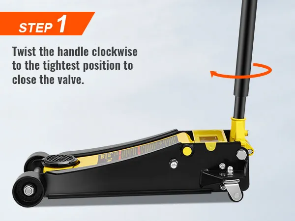 step 1 instruction: twist handle clockwise to close the valve on a VEVOR floor jack.