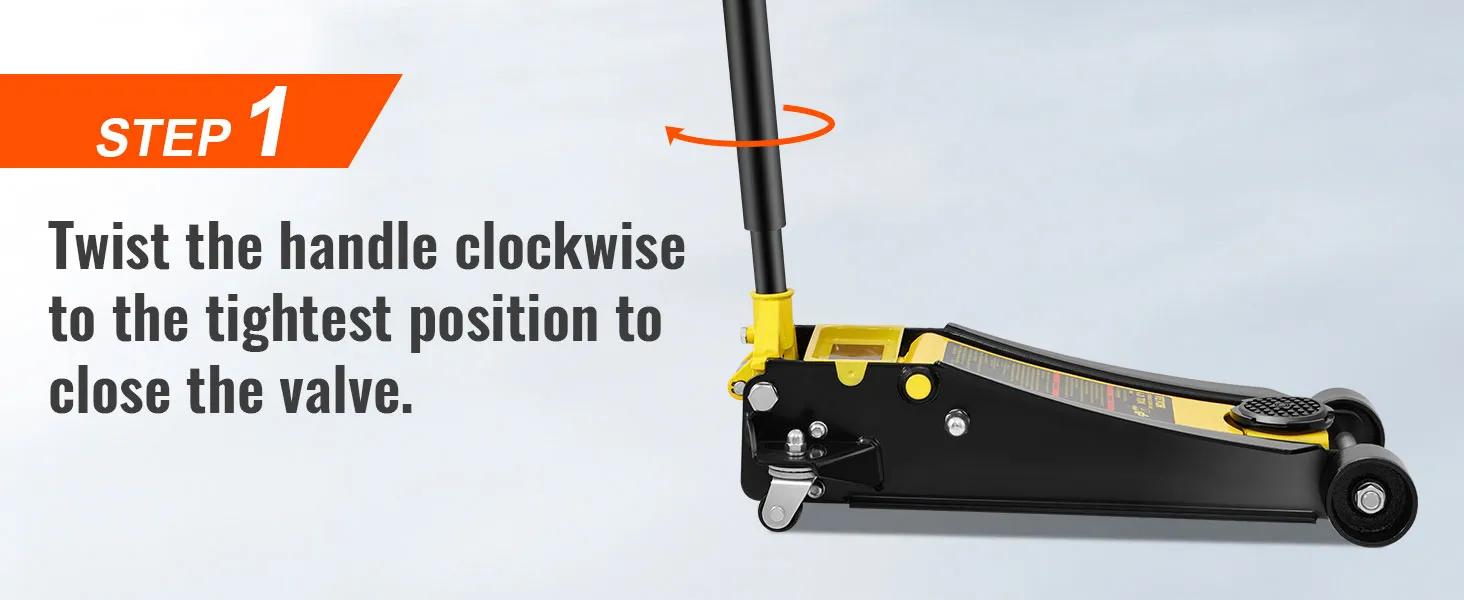 step 1 instruction: twist handle clockwise to close the valve on a VEVOR floor jack.