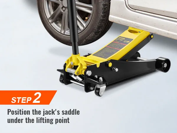VEVOR floor jack positioning under car lifting point with instructions in step 2 banner.