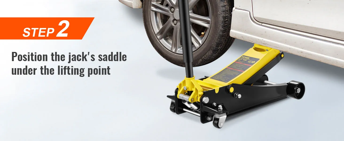VEVOR floor jack positioning under car lifting point with instructions in step 2 banner.