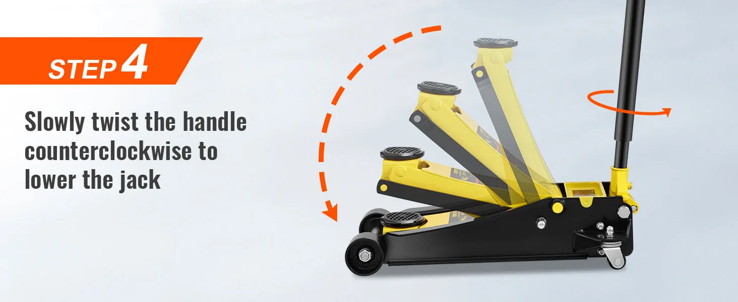 step 4: slowly twist the handle counterclockwise to lower the VEVOR floor jack.