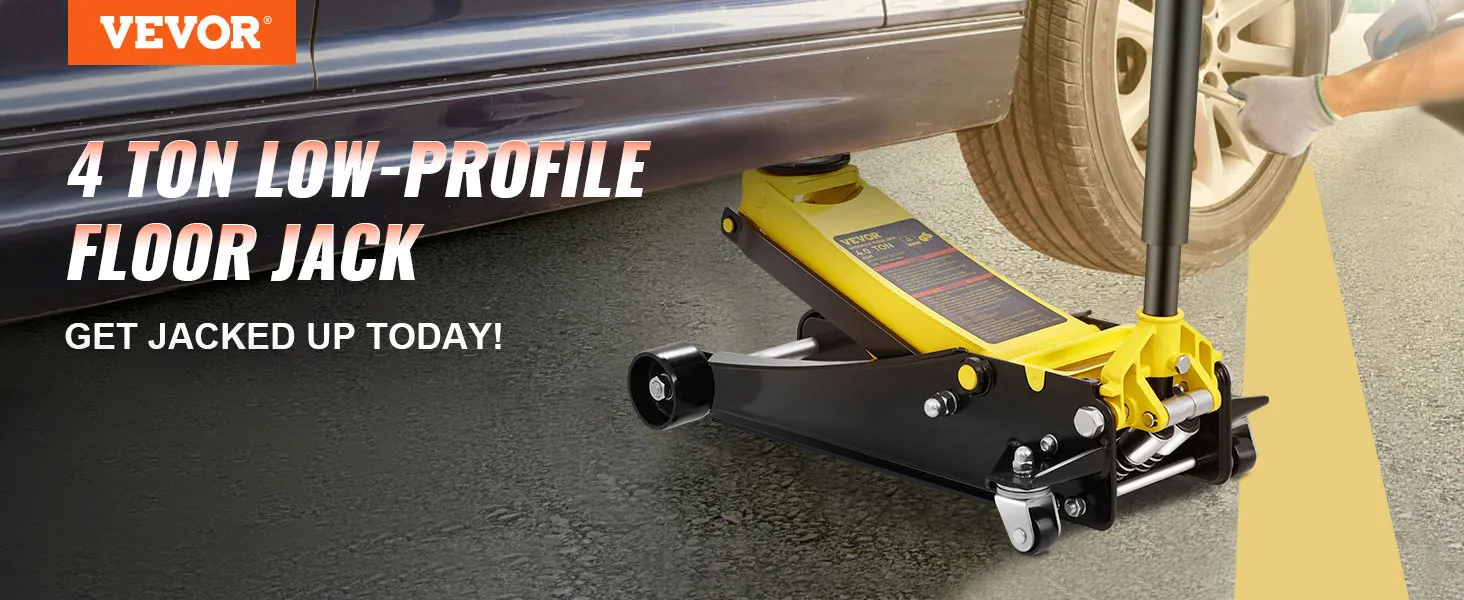 VEVOR floor jack lifting car with text "4 ton low-profile floor jack" and "get jacked up today!".