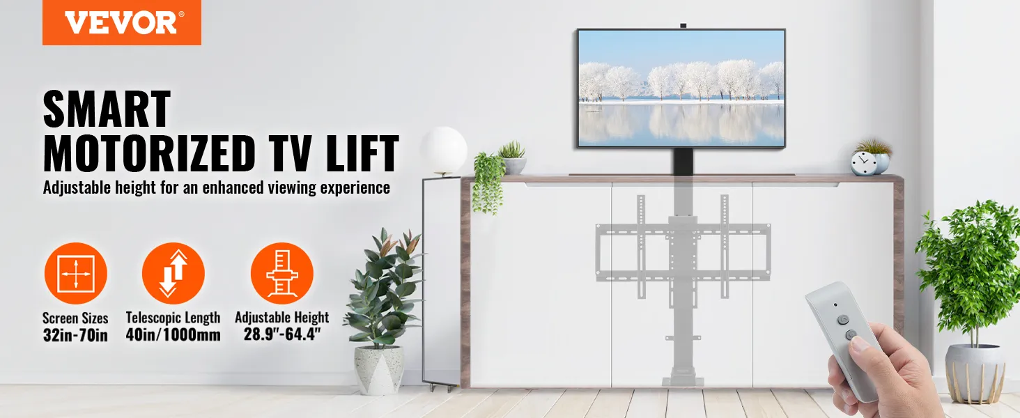 VEVOR motorized tv lift with adjustable height, remote control, and telescopic length.