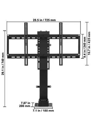 VEVOR motorized tv lift with dimensions labeled in inches and millimeters.