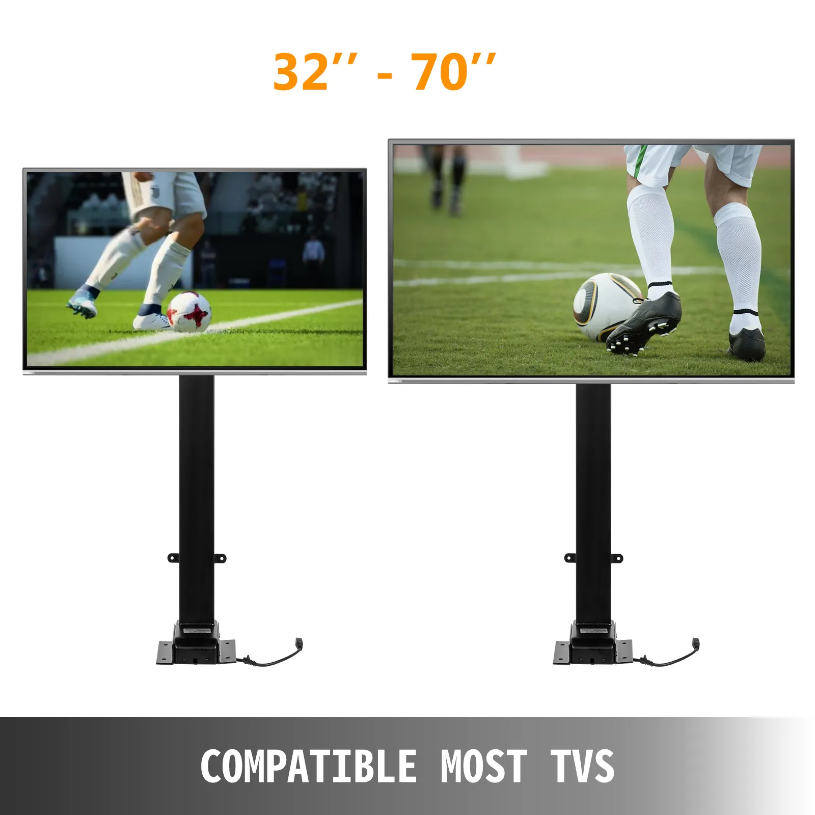 VEVOR motorized tv lift holding two tvs showing soccer, compatible with 32"-70" screens.