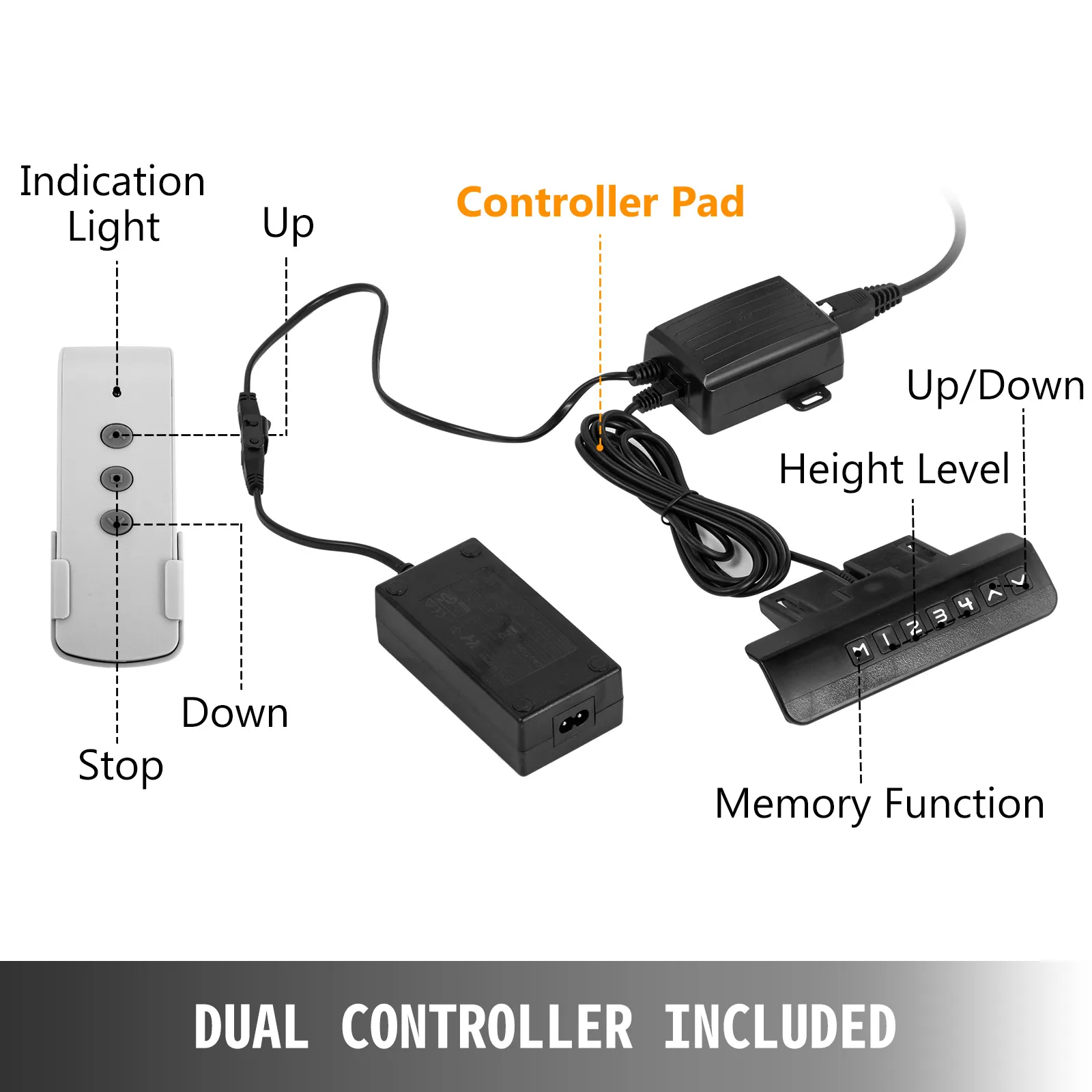 VEVOR motorized tv lift dual remote controls with up/down, stop, and memory functions.