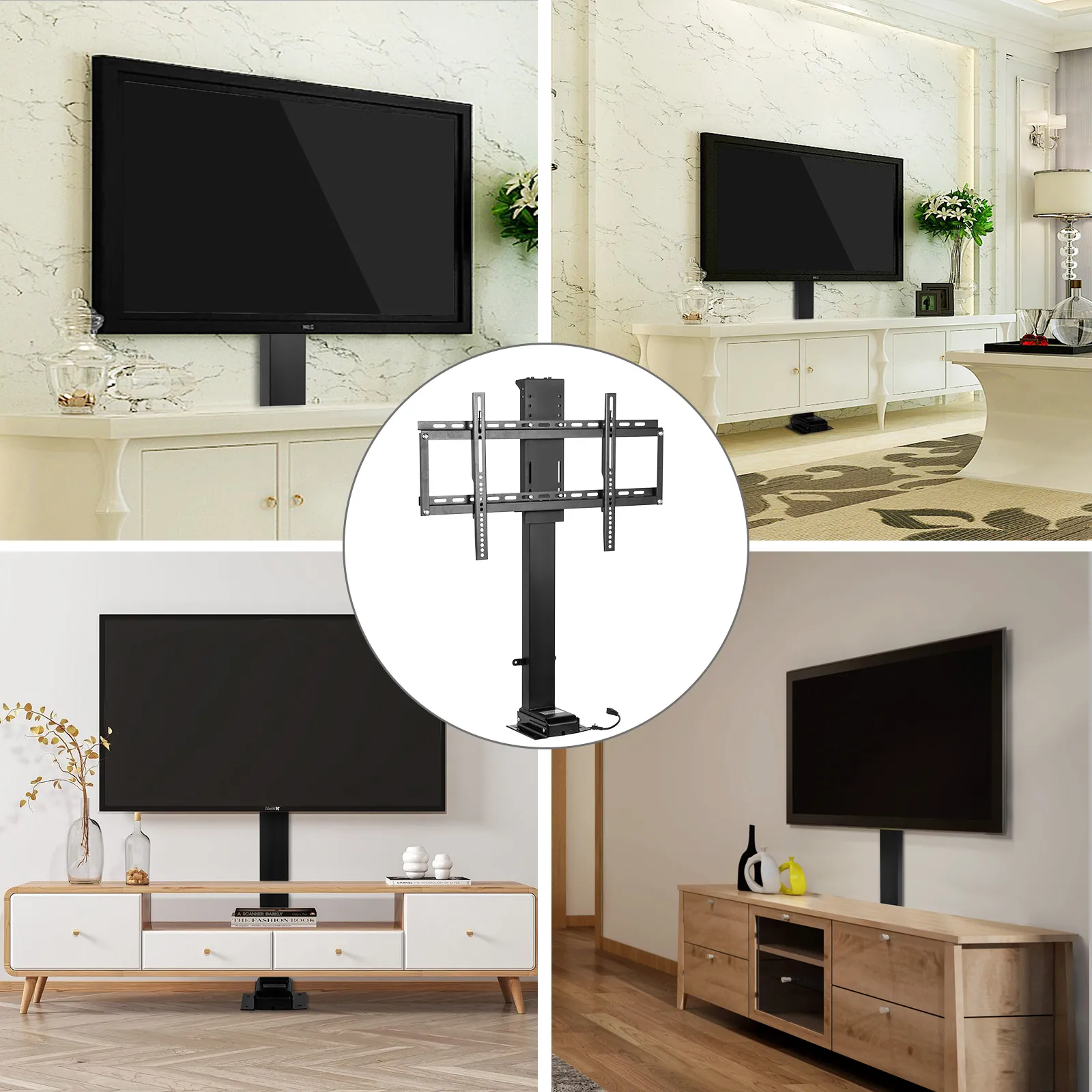 VEVOR motorized tv lift showcasing different living room setups with sleek consoles.