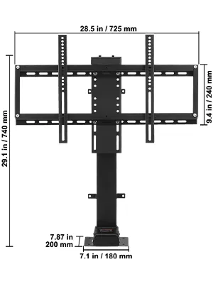 Elevador de TV motorizado VEVOR con medidas en pulgadas y milímetros mostradas