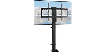 Soporte elevador de TV motorizado que sostiene un monitor de pantalla plana con un fondo de paisaje nevado.