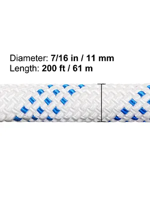 close-up of rope with 7/16 in (11 mm) diameter and 200 ft (61 m) length, white with blue accents.