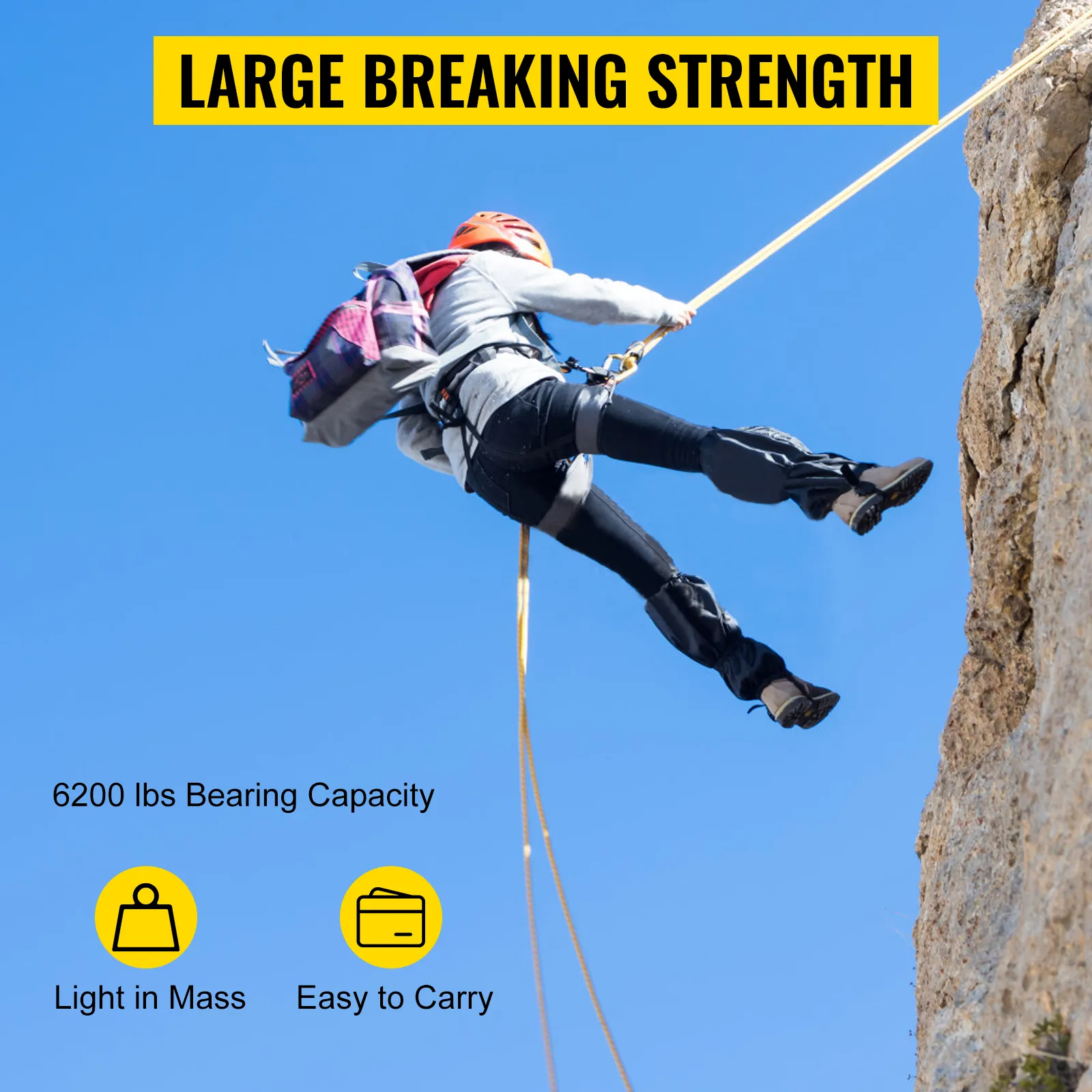 person rappelling down a cliff with VEVOR twin sheave block, emphasizing breaking strength.