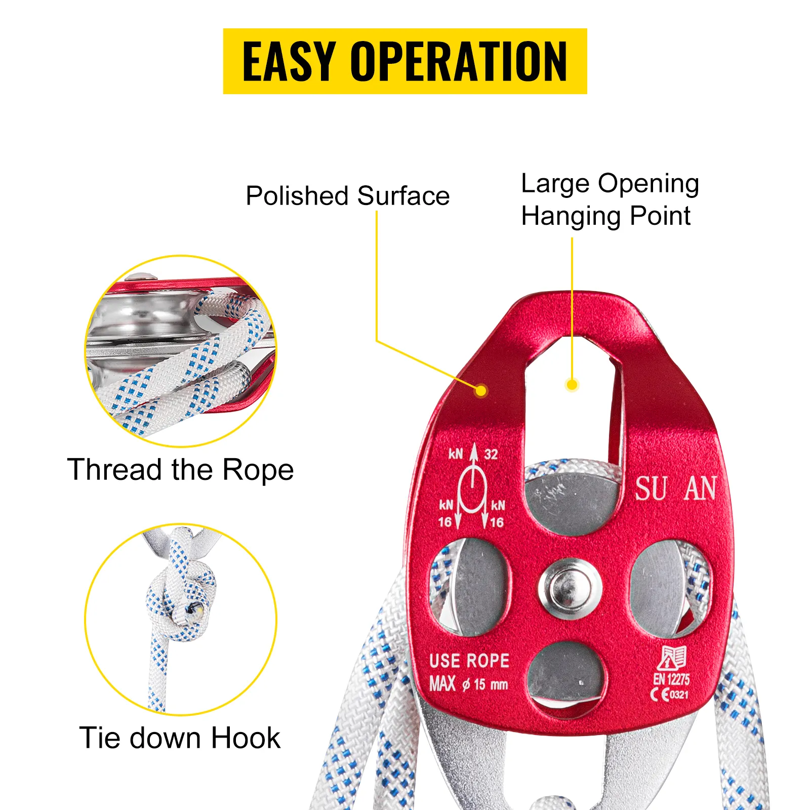 VEVOR twin sheave block with polished surface, large hanging point, and rope threading.