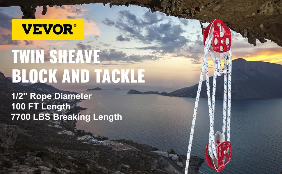 VEVOR twin sheave block and tackle near cliffside during sunset.