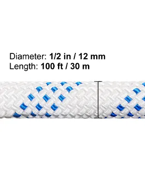 white rope with blue accents, 1/2 inch diameter, 100 feet length.
