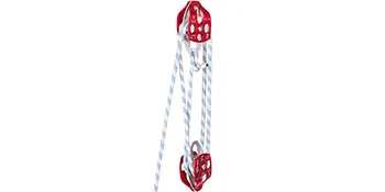 red VEVOR twin sheave block with white and blue striped rope.