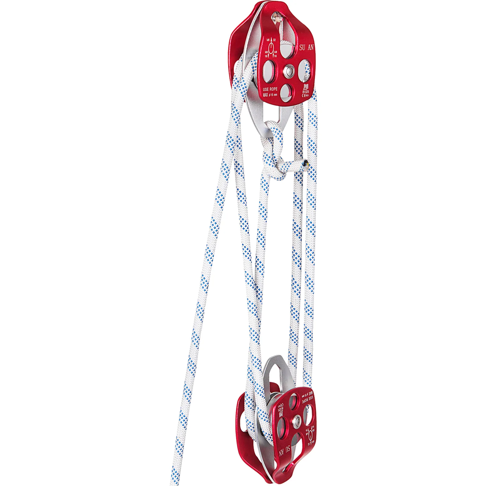 VEVOR twin sheave block with red pulleys and white rope with blue stripes.