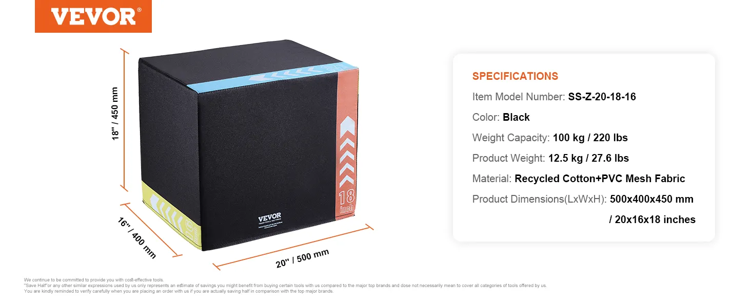 VEVOR plyometric jump box in black with dimensions 20"x16"x18", weight capacity 100 kg, recycled materials.