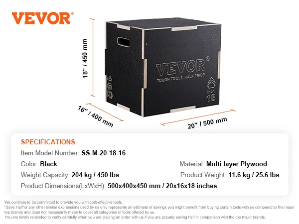 VEVOR plyometric jump box, black multi-layer plywood, dimensions: 500x400x450 mm, 20x16x18 inches.