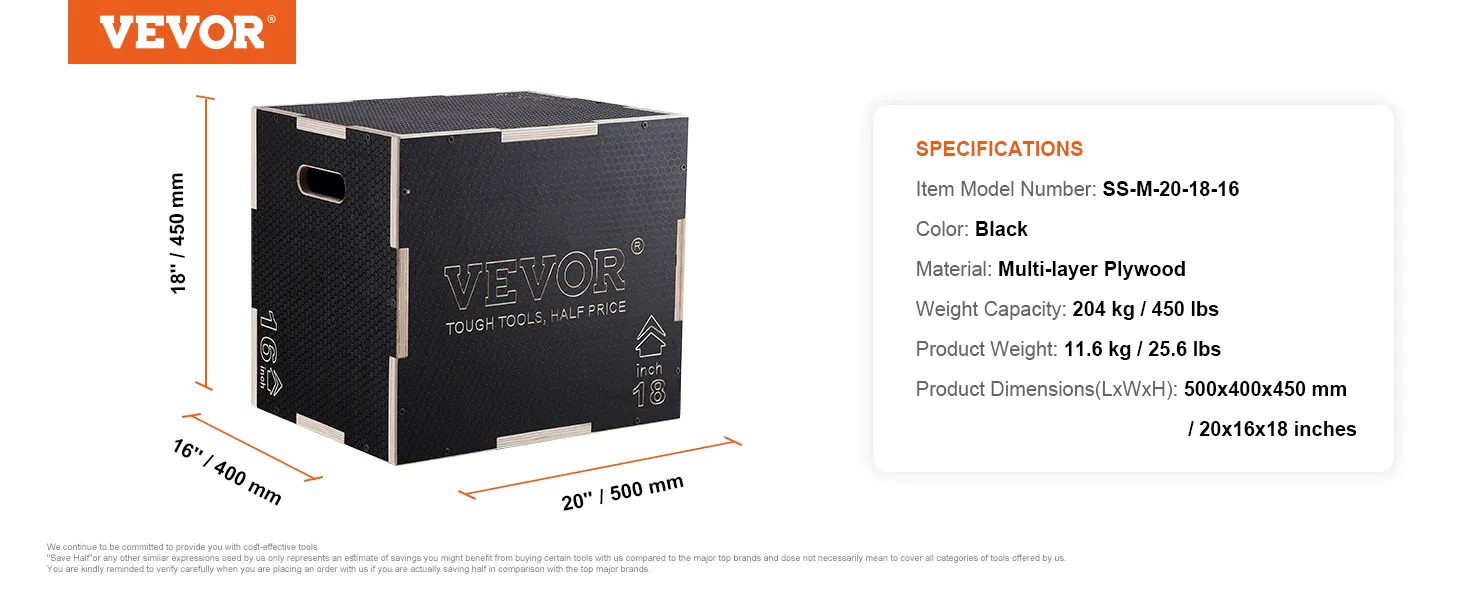 VEVOR plyometric jump box, black multi-layer plywood, dimensions: 500x400x450 mm, 20x16x18 inches.