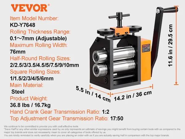 VEVOR rolling mill kd-y7648, steel, 0.1-7mm adjustable thickness, 76mm width, hand crank, 36.8 lbs.