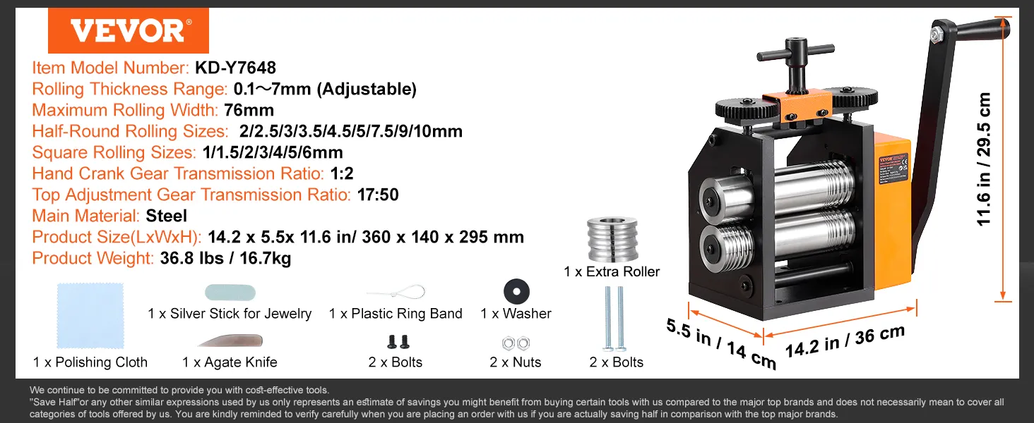 VEVOR rolling mill kd-y7648, steel, 0.1-7mm adjustable thickness, 76mm width, hand crank, 36.8 lbs.