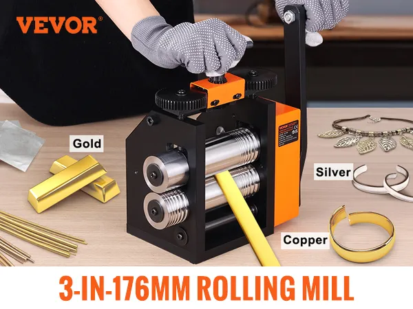 VEVOR rolling mill 3-in-176mm for diy crafting, shown with silver, gold, and copper materials.